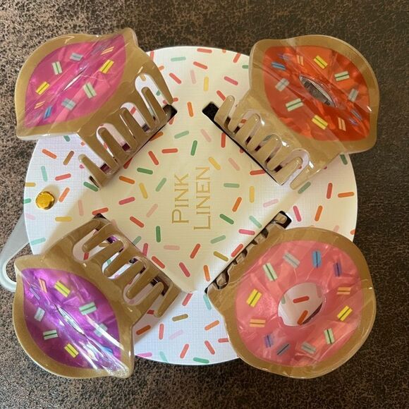 Pink Linen Sprinkled Donut Hair Clips 4 Pack - Picture 1 of 6